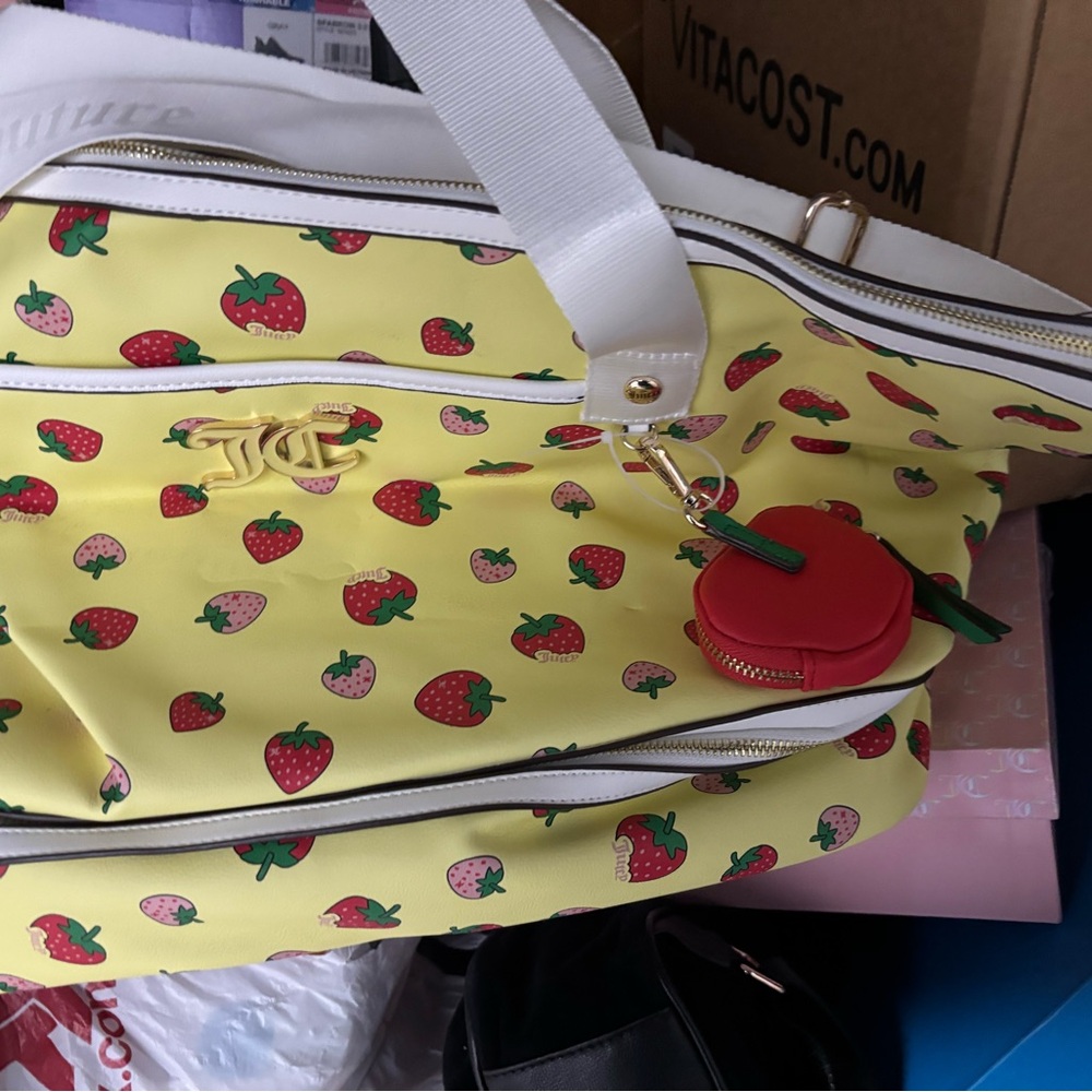 Juicy Couture Yellow Strawberry Tote. 3 FREE bath and body items